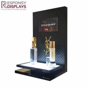 Custom High Quality Counter Acrylic Cosmetic Rack with LED Inside and Imitation Leather