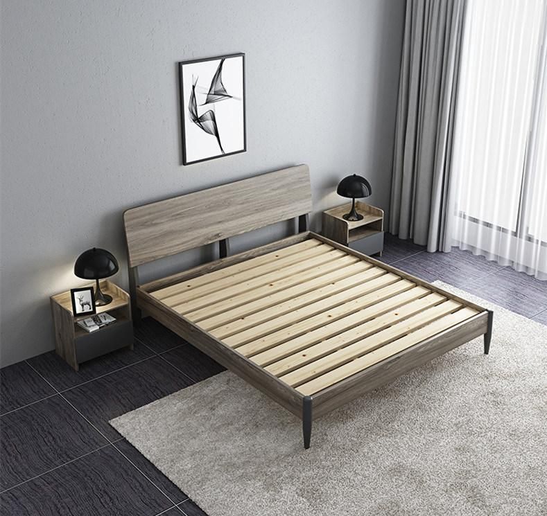 Good Price High Quality Log Color PU Leather Hotel Apartment Furniture Wooden Bedroom Bed with Night Stand