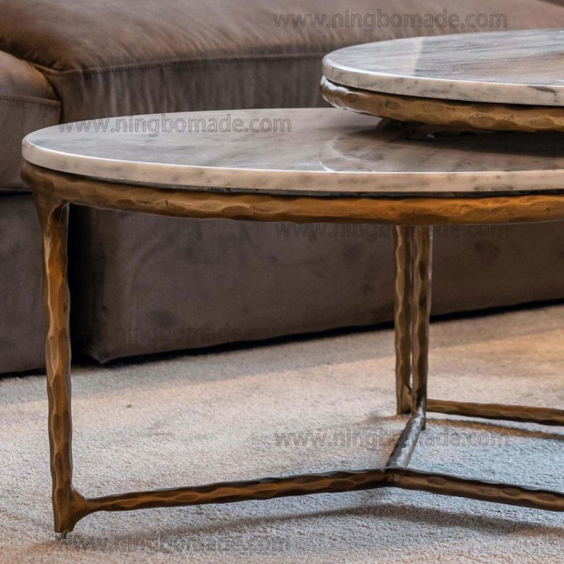 Thaddeus Sculptural Forged Collection Cloud Marble Top Light Brass Solid Forged Metal Base Nest Table