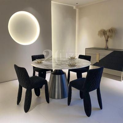 Luxury Metal Feet Round Shape Marble Top Table with Fabric Chair &amp; Cabinet Dining Room Furniture Set