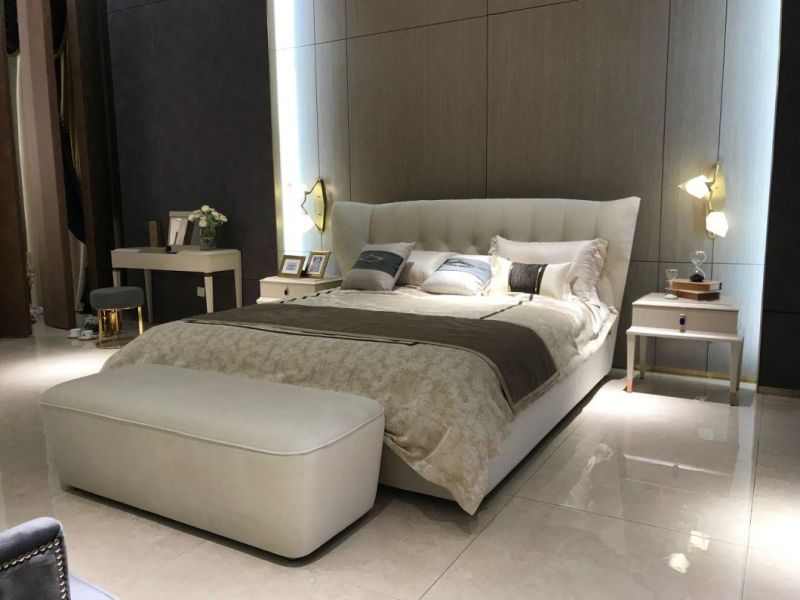 10% off Zhida Home Furniture Supplier High Quality Wholesale Price Hotel Bedroom Furniture Modern Design Villa Fabric King Size Bed with End Stool