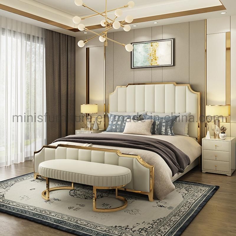 (MN-MB94) Chinese Bedroom Luxury Gold Frame Leather Bed with Bed Bench