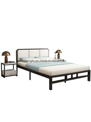 Simple Modern Homestay Furniture Double Size Leather Upholstered Iron Bed