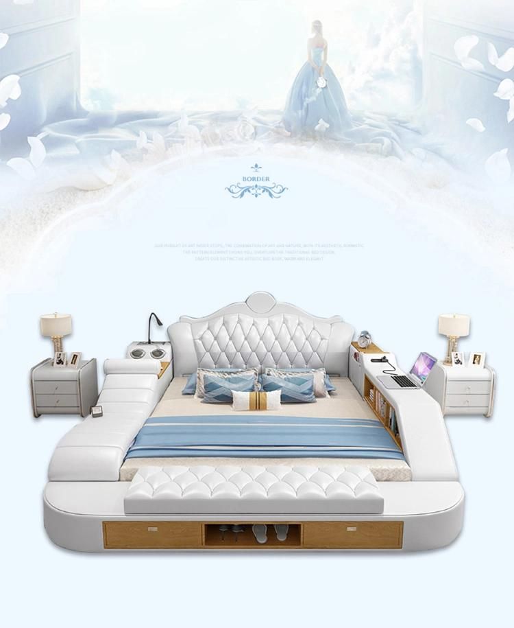 European Multifunction furniture Leather Massage Bed Camas Solid Wood Frame King Bed
