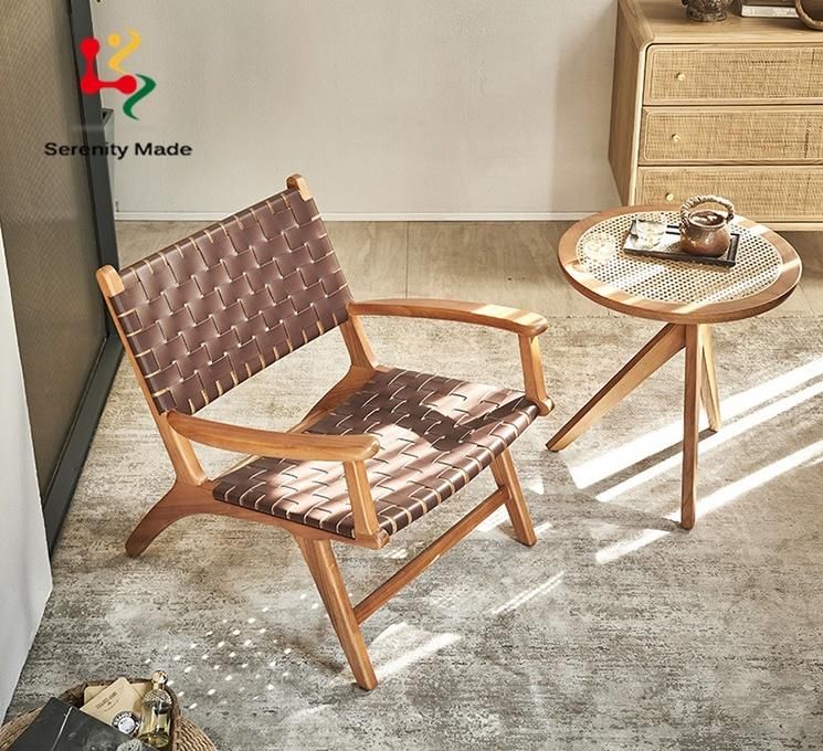 New Style Hotel Cafe Backyard Outdoor Furniture Wooden Ash Wood Saddle PU Leather Woven Leisure Chair with Armrest