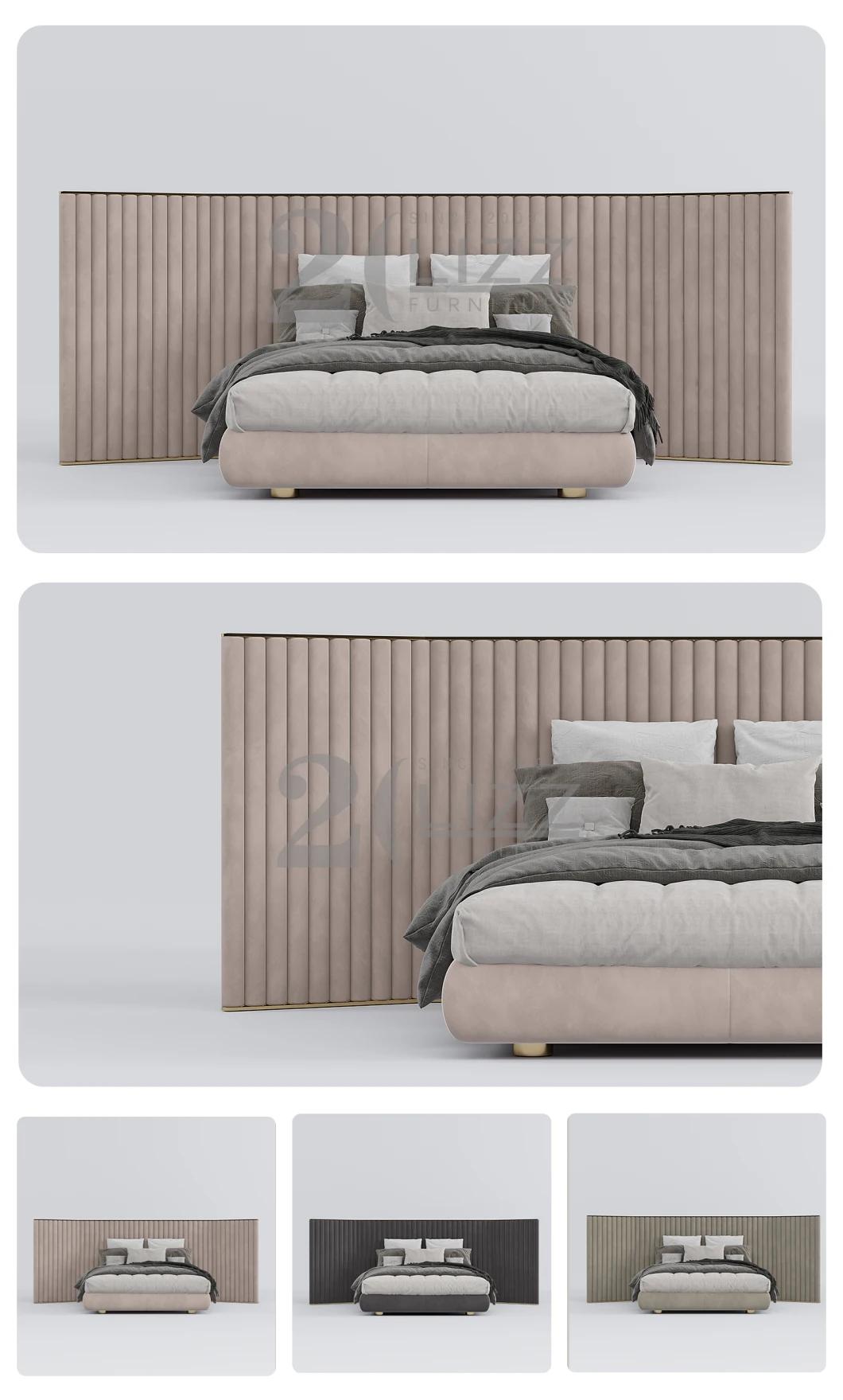 Hot Sale King Size Home Furniture Modern Hotel Bedroom Upholstered Flat Bed with Headboard Wall