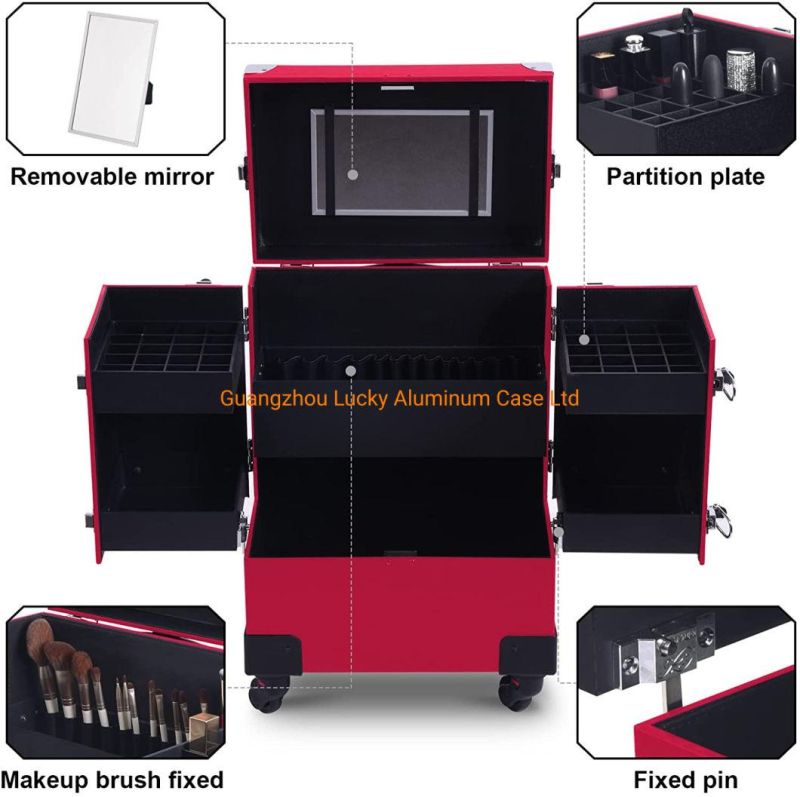 Professional Cosmetic Case Leather Trolley Lockable Large Beauty Organizer for Salon Barber