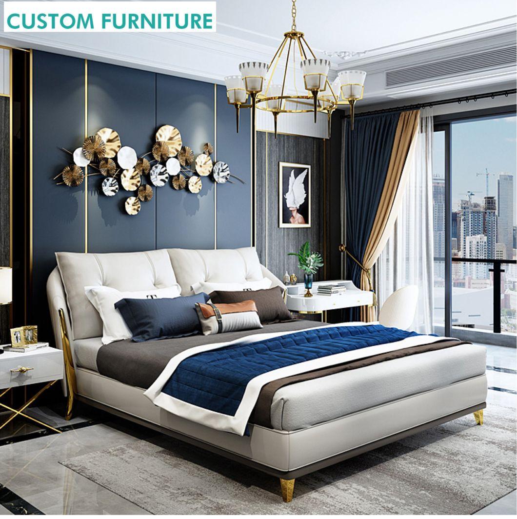 Modern Luxury Italian Bedroom Sets Furniture Solid Wood and Genuien Nappa Leather Beds with Storage