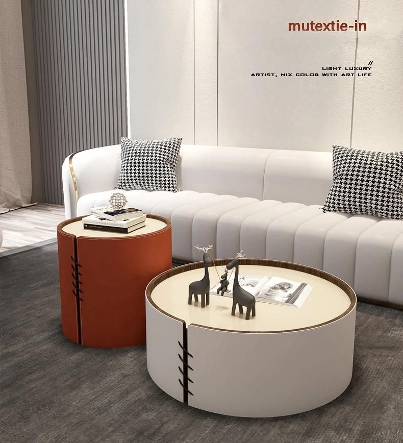 Home Furniture Orange Leather Marble Rockk Beam Coffee Table Set