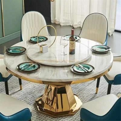 Living Room Furniture Outdoor Table Marble Top 1+6 Set White Round Stainless Steel Dining Table Set with Leather Chair for Wedding Banquet