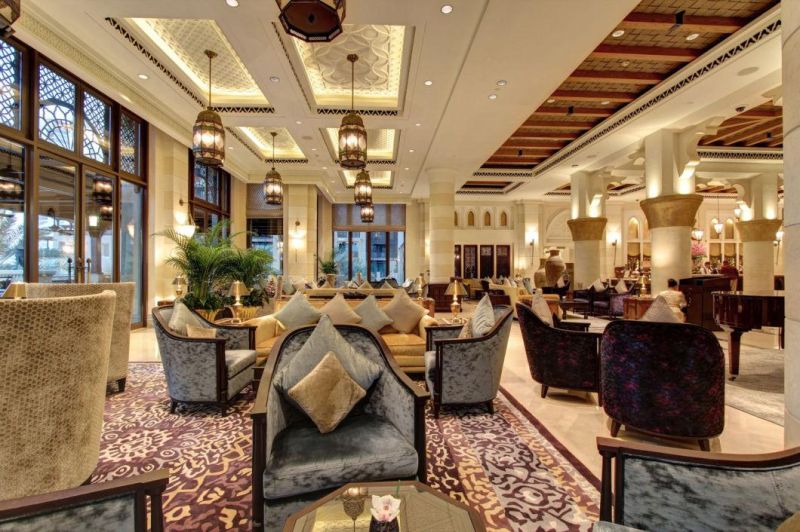 Antique Brown Leather Cabinet with Coffee Table in Hotel Lobby