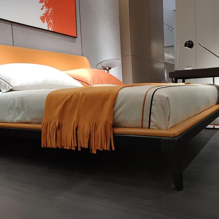 1903 Simple Solid Wood Frame Orange King Size Leather Bed