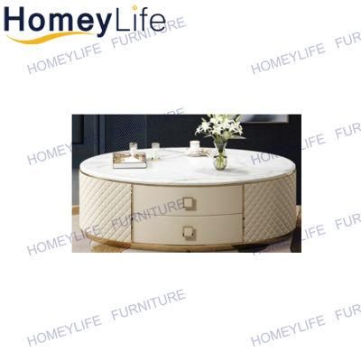 Light Luxury Furniture Double Drawer Beige Leather Hardware Gilded Edged Marble Coffee Table Tea Table