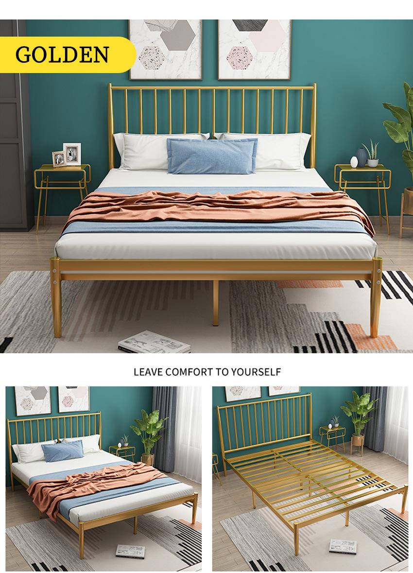 Modern Luxury Bedroom Furniture Leather Upholstered Golden Iron Frame Bed