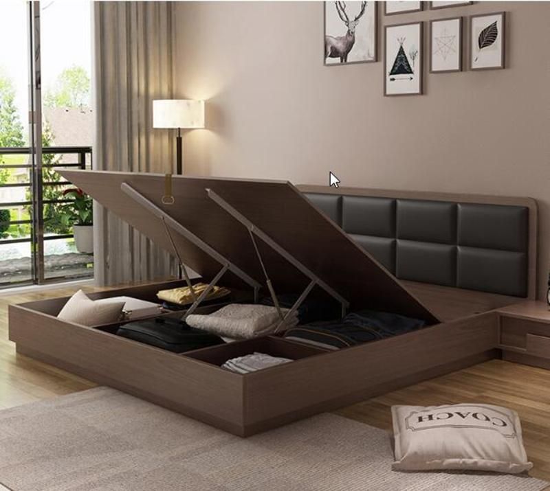 Leather Wooden Modern Home Hotel Furniture Mattress Wood Double King Queen Size Bedroom Bed with Wardrobe