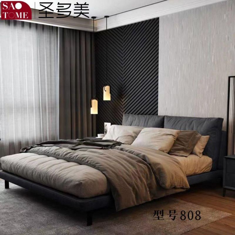 Modern Luxury Wooden Metal Steel Bed Frame Bedroom Dark Grey Leather King Bed