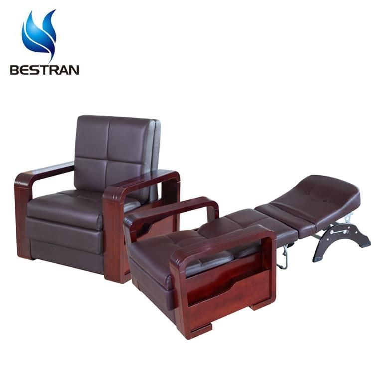 Bt-Cn011 Hospital Furniture Foldable Patient Attendant Chair Medical Accompany Chair Bed Leather Cover Wooden Armrest Price