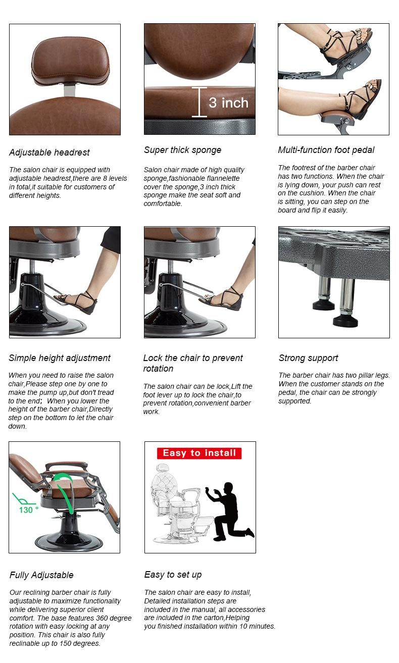 Salon Barber Chair for Man or Woman with Stainless Steel Armrest and Aluminum Pedal