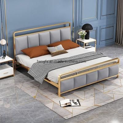 Modern Fashion Bedroom Leather Upholstered Steel Iron King Size Bed