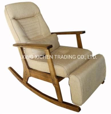 European Stylish Beige Fabric Balcony Backrest Adjustable Leisure Wooden Rocking Recliner Armrest Chair