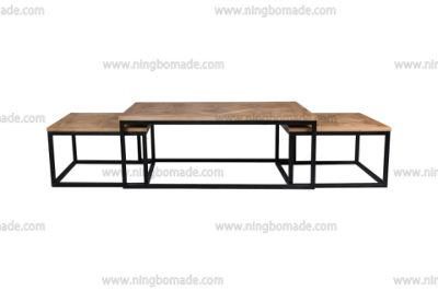 Nordic Country Farm House Design Furniture Nature Reclaimed Fir Wood and Black Iron Set Table with 3 PCS