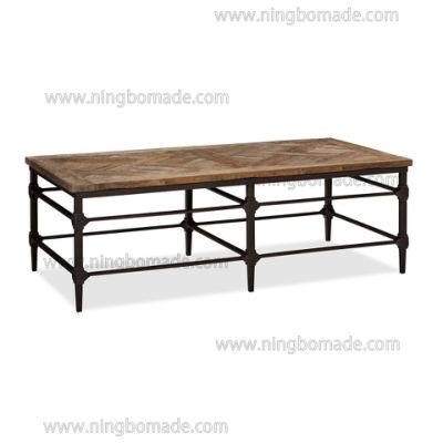 Grained Mosaic Parquet Furniture Natural Reclaimed Elm Top Rustic Black Iron Base Rectangular Coffee Table