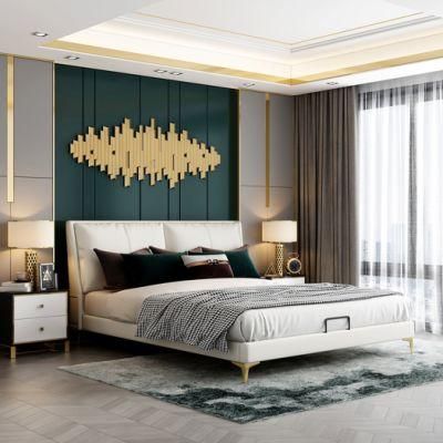 Modern Luxury Home Bedroom Furniture Metal Leg Leather White King Bed