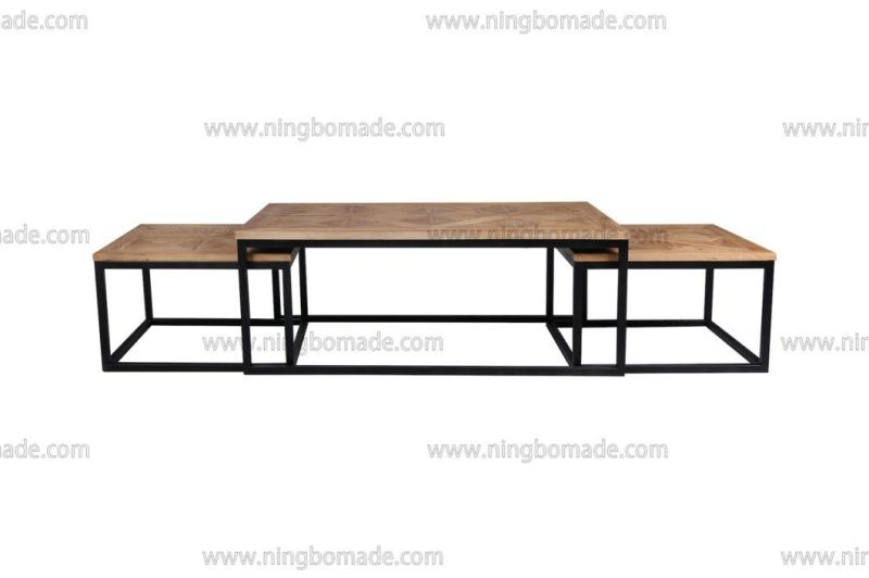 Nordic Country Farm House Design Furniture Nature Reclaimed Fir Wood and Black Iron Set Table with 3 PCS