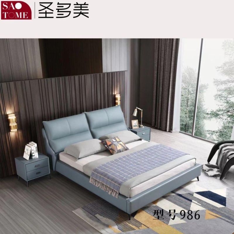 Bedroom Bed Set Furniture Sky Blue Leather Double Queen Size Bed