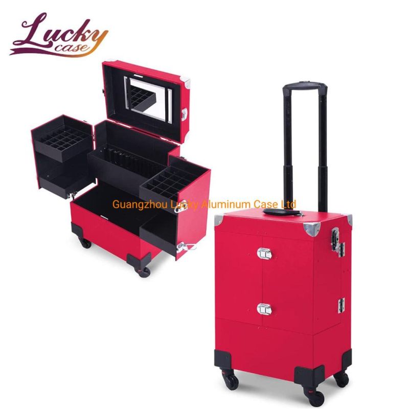 Professional Cosmetic Case Leather Trolley Lockable Large Beauty Organizer for Salon Barber