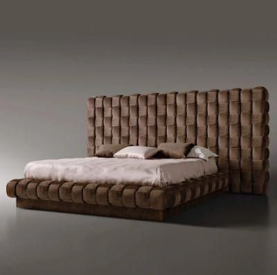 Luxury Bedroom Button Upholstered Leather Italian Bed with Extended Headboard Customized Bed Room Modern Beds Furniture