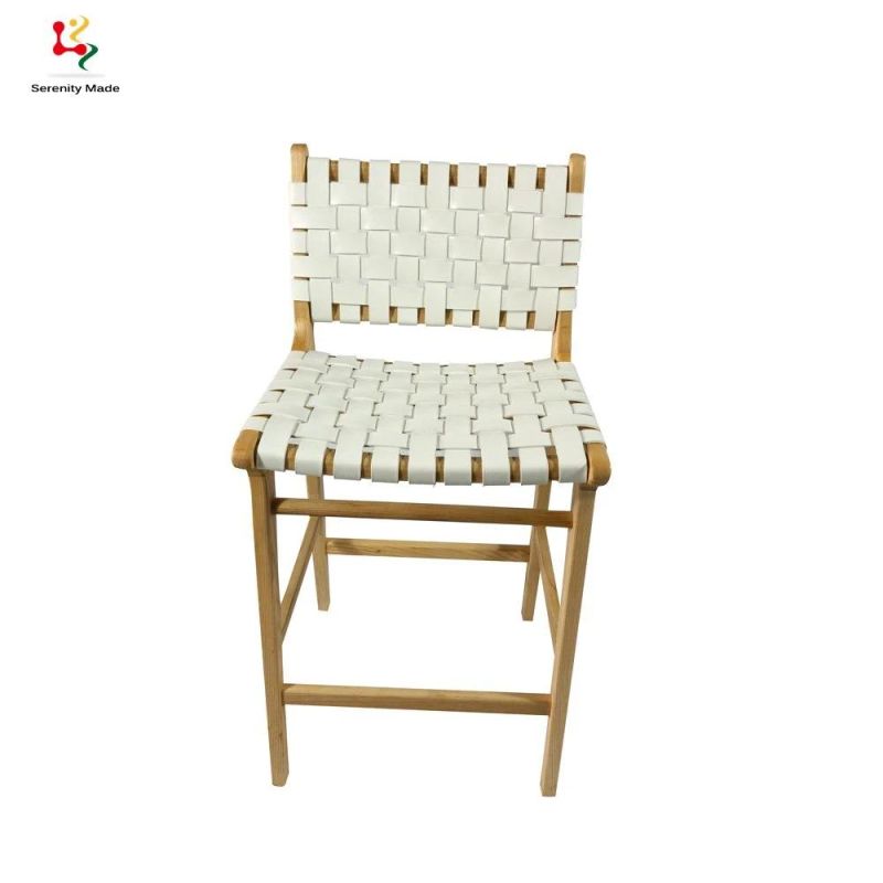 Vintage Country Style Micro Fiber Leather Strap Solid Ash Timber Frame White Ash Wood Stool