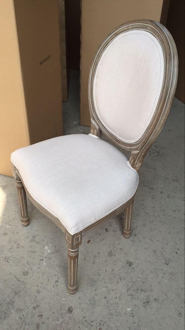 French Solid Wood Rattan Round Back Stackable Louis Chair with Linen Fabric