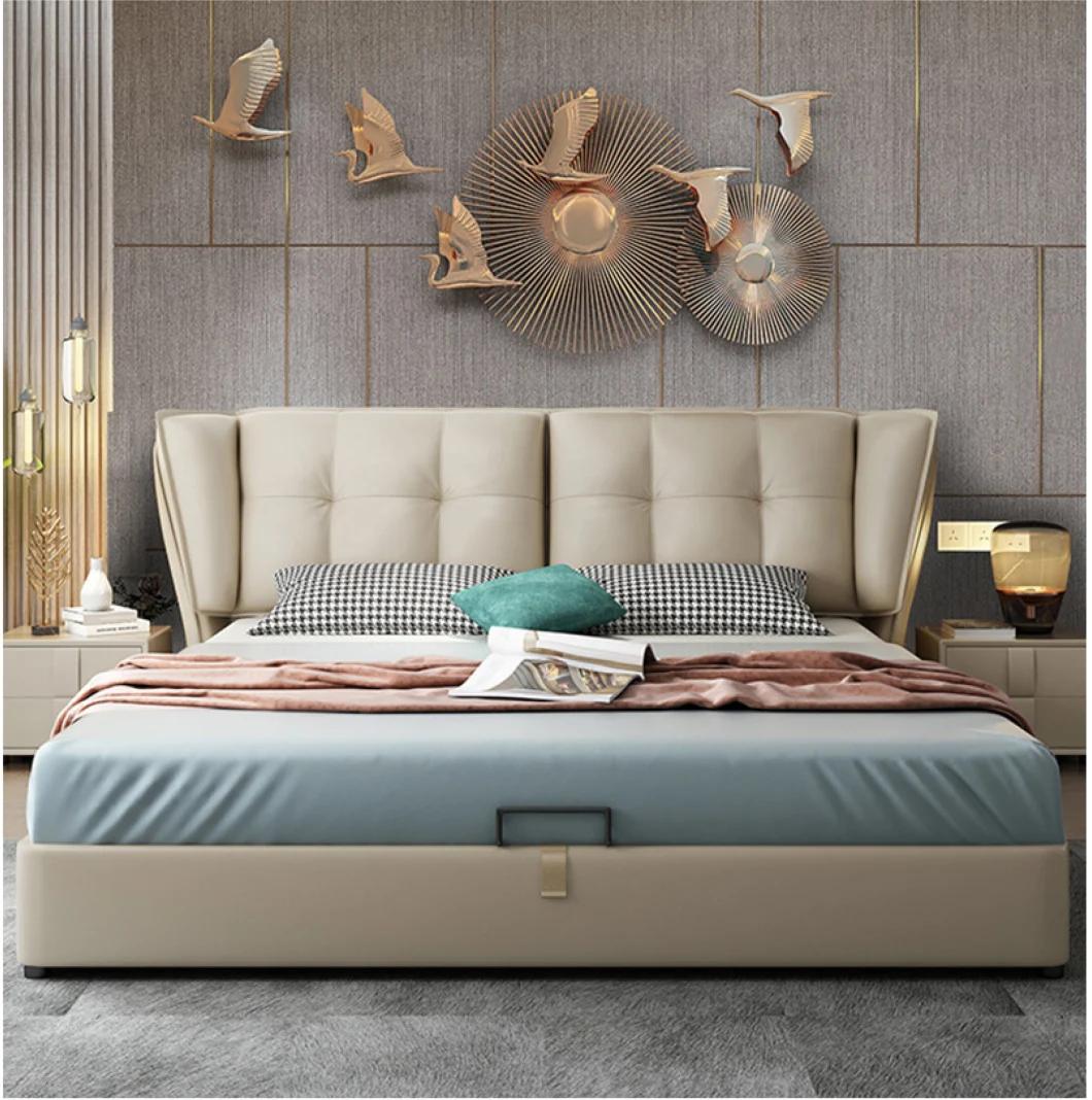 European Luxury Modern Bedroom Furniture Soft Leather King Double Wood Bed