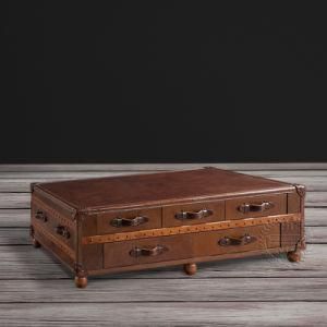 Wheeled Brown Leather Trunk Bar Coffee Table