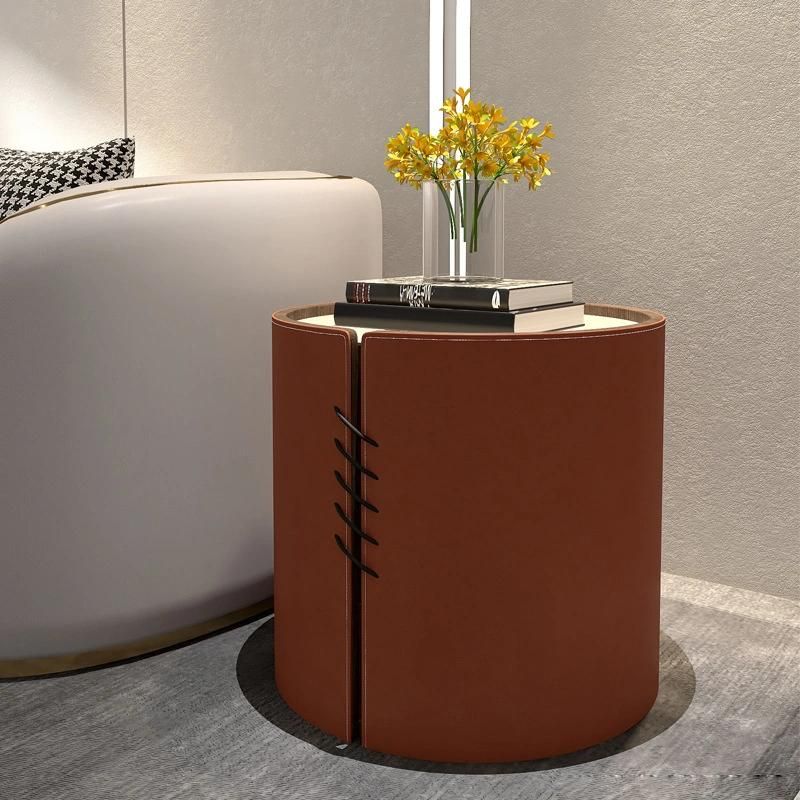 Home Furniture Orange Leather Marble Rockk Beam Coffee Table Set