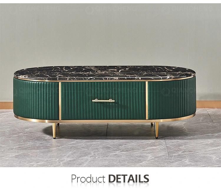 Modern Storage Leather Cover Tea Table TV Cabinet Gold Stainless Steel Leg Marble Top Coffee Tables