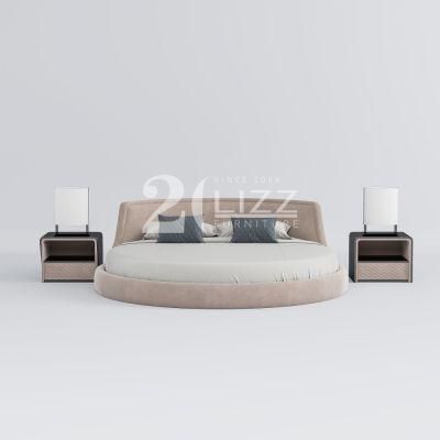 2022 Nordic Newly Designer Bed Bedroom Furniture Modern Simple Round Fabric Queen Size Wood Bed