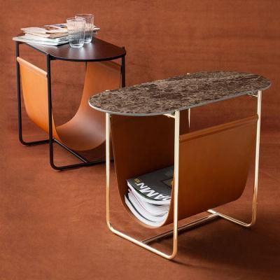 Marble Corner Few Minimalist Sales Department Designer Saddle Leather Magazine Books and Newspapers Storage Rack Hall Sofa Side Table