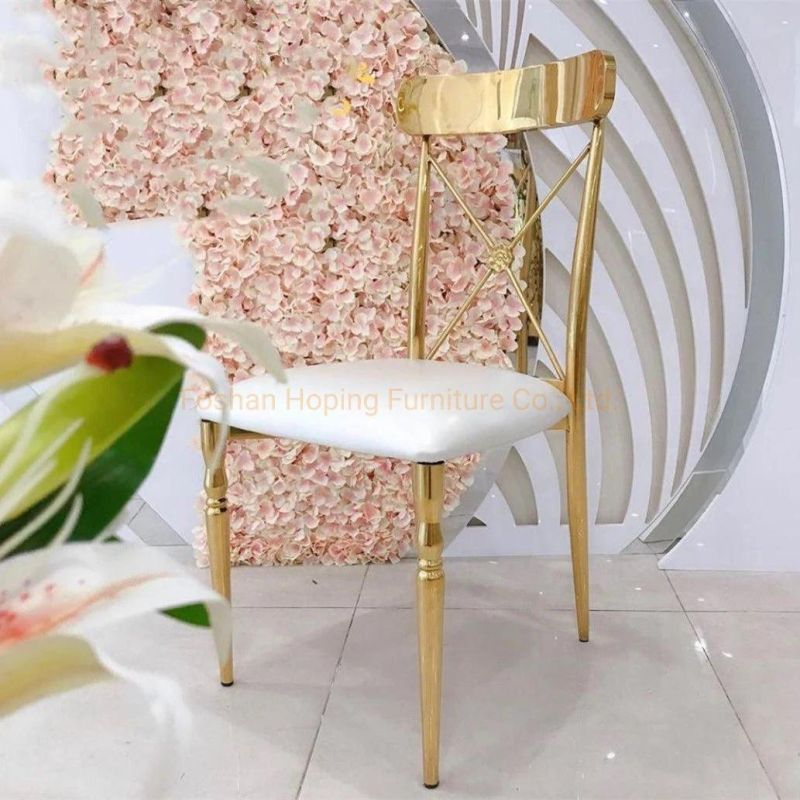 White Gold Cross Back Chairs Wholesale White Wedding Hotel Furniture China Chameleon Event Dining Chairs