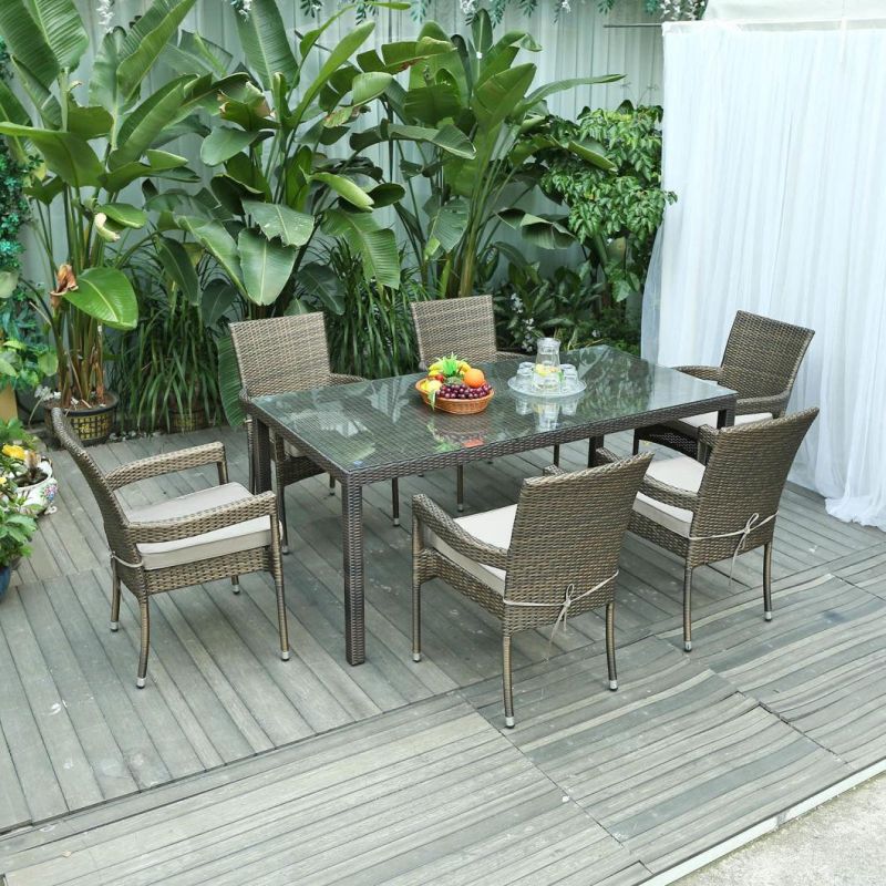 Modern Home Garden Patio Outdoor Rattan Furniture Set Dining Chair Table with Glass Top