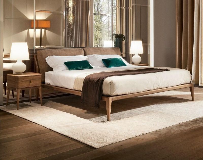 Modern Home Furniture Fabric Cushion Headboard Bedroom Wood Double Bed