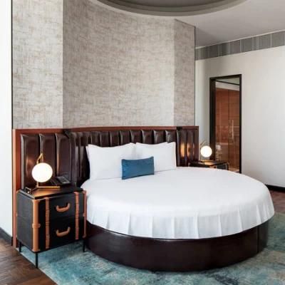 Dark Brown Leather Round Bed Black Steel Structure Furniture Hotel &amp; Residences Sets