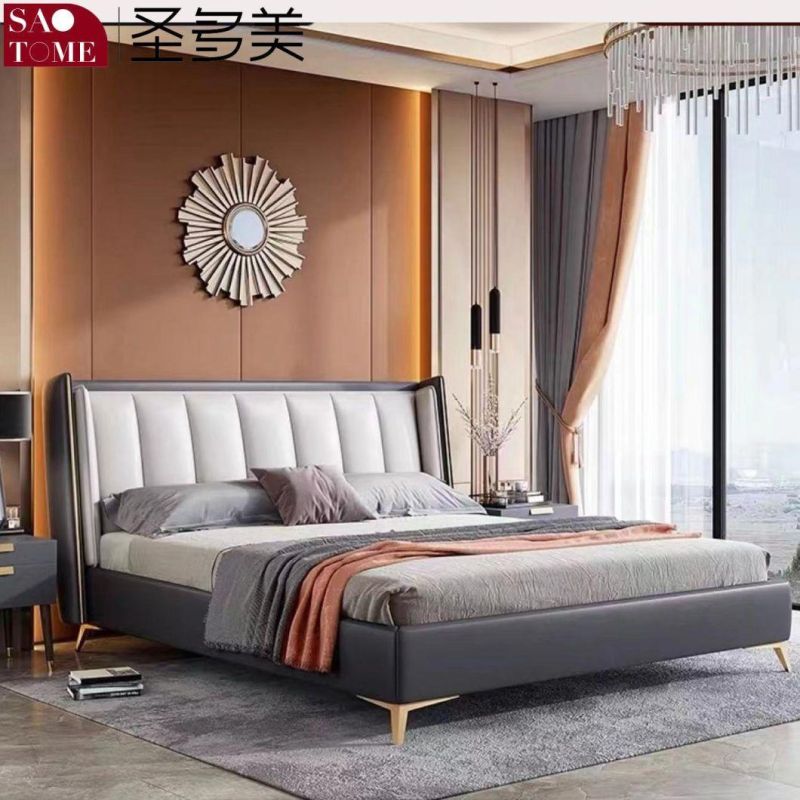 Modern Hotel Kaki with Brown Leather Bedroom Furniture Double Bed