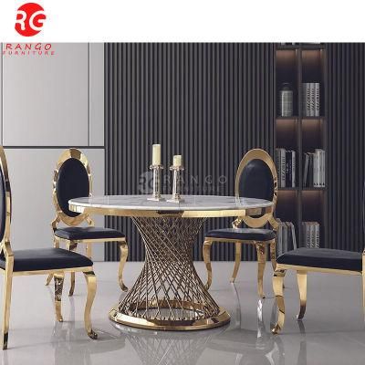 Golden Stainless Steel Marble Top Round Shape Roating Top Luxury Wholesale Dining Table with Leather Dining Chairs