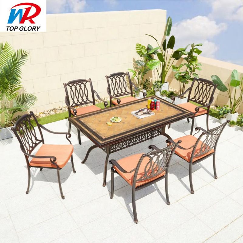 Outdoor Modern Restaurant Arm Chairs Cast Aluminum Rectangular Dining Table Set