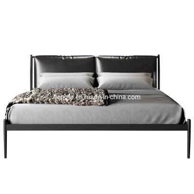 Modern Luxury Genuine Leather Steel Black Matte Bedroom Double Bed