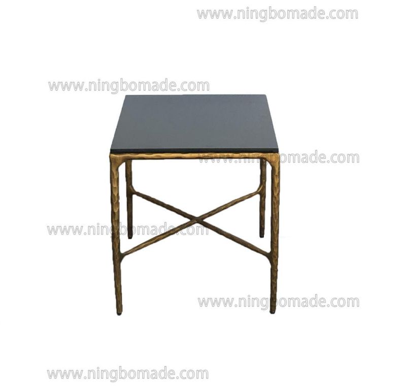 Rustic Hand Hammered Collection Furniture Forged Solid Iron Metal with Brass Color Thick Black Tempered Glass Sofa Table