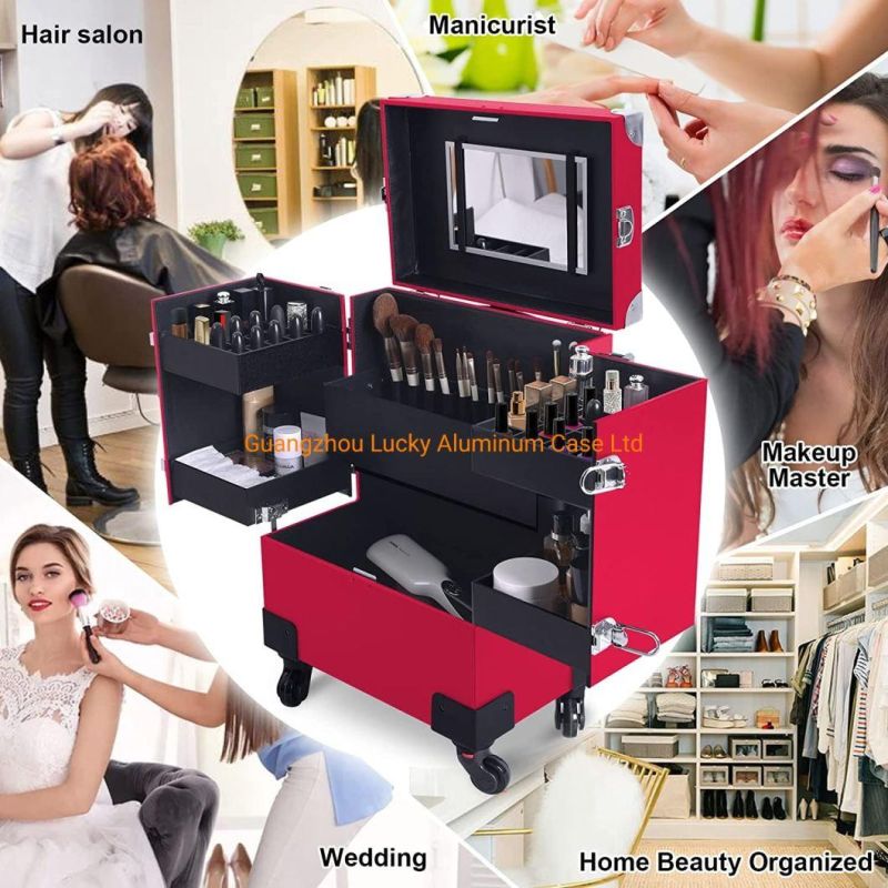 Professional Cosmetic Case Leather Trolley Lockable Large Beauty Organizer for Salon Barber