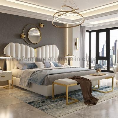 (MN-MB94) Chinese Bedroom Luxury Gold Frame Leather Bed with Bed Bench